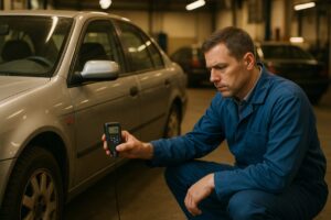 Meccanico che controlla la carrozzeria di un'auto usata con rilevatore di spessore vernice per individuare stucco e body filler
