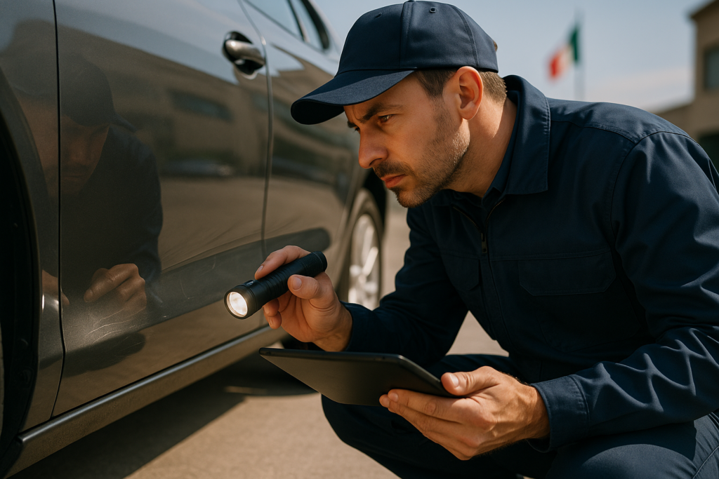 Tecnico che controlla carrozzeria e graffi su auto usata durante valutazione usura a fine noleggio a lungo termine