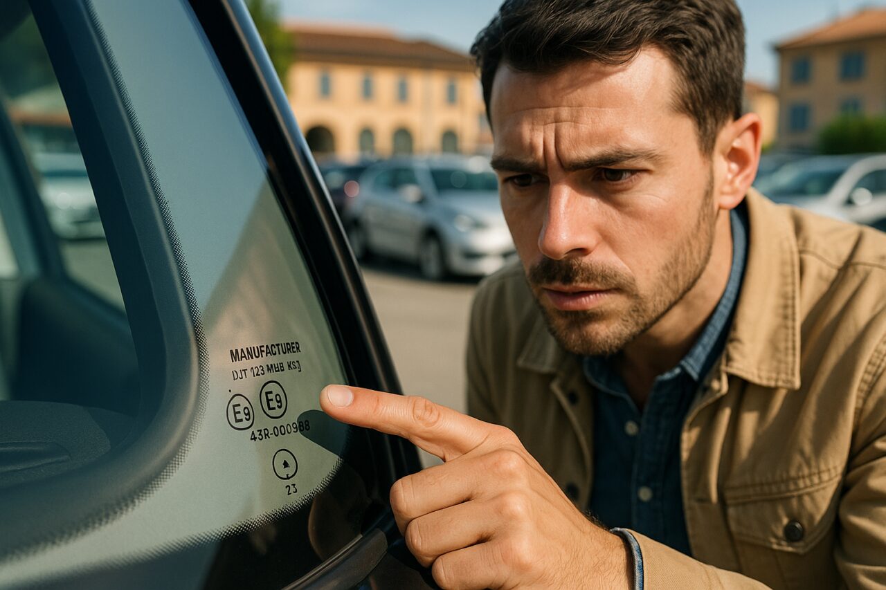 Uomo che controlla la data di fabbricazione stampata sul cristallo di un'auto usata prima dell'acquisto