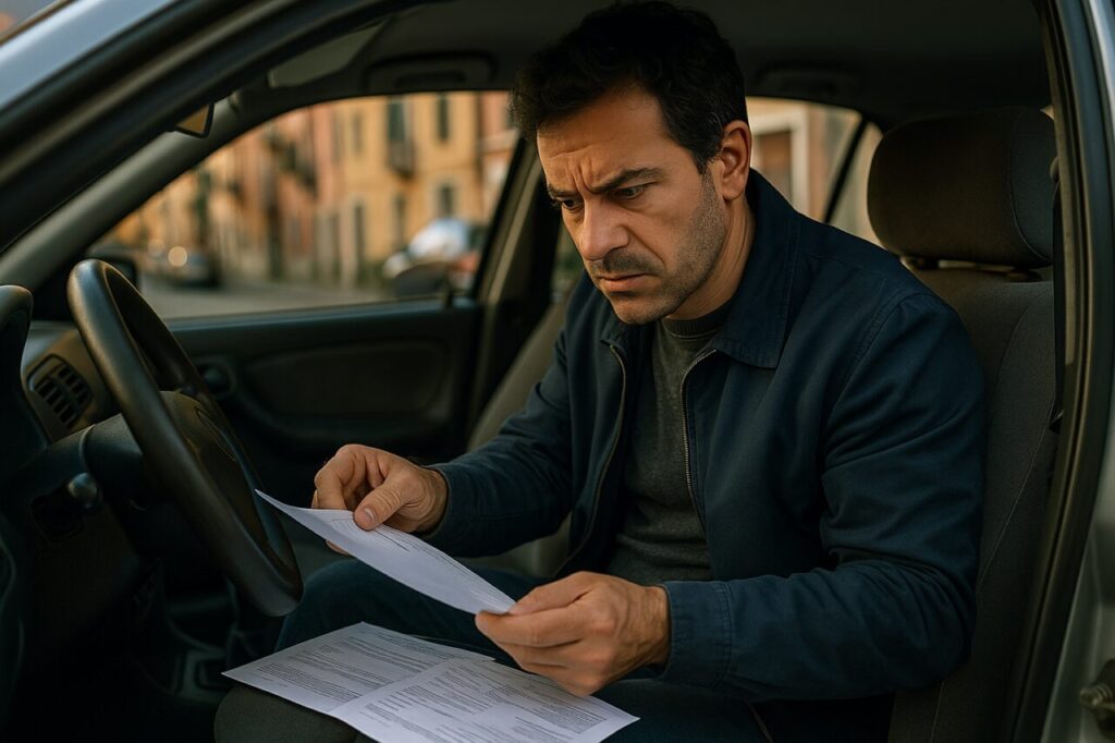 Uomo italiano che controlla documenti di auto usata acquistata da privato con rischi nascosti