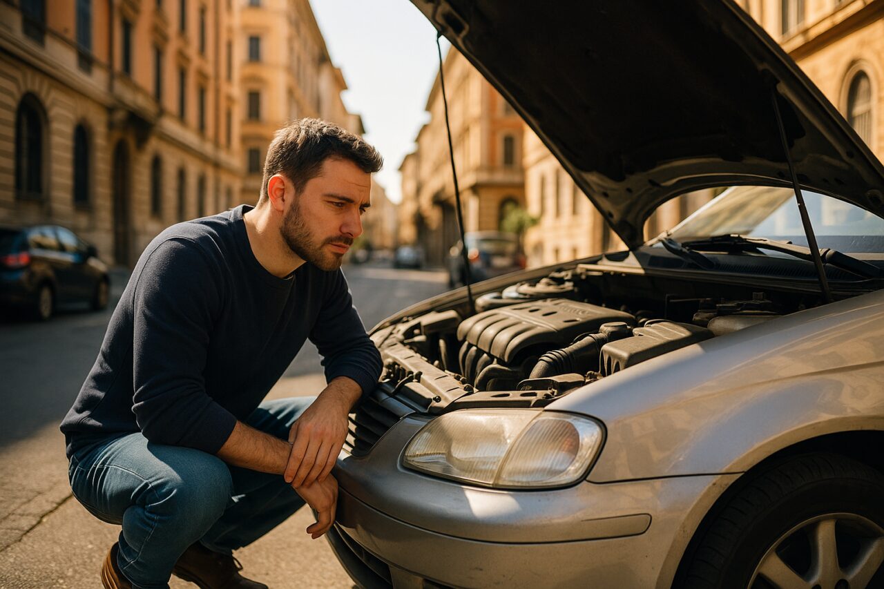 Uomo che controlla il motore di un'auto usata prima del noleggio a lungo termine in Italia