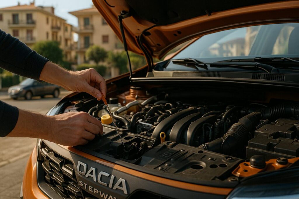 Controllo del livello olio motore su Dacia Sandero Stepway km0 in noleggio a lungo termine