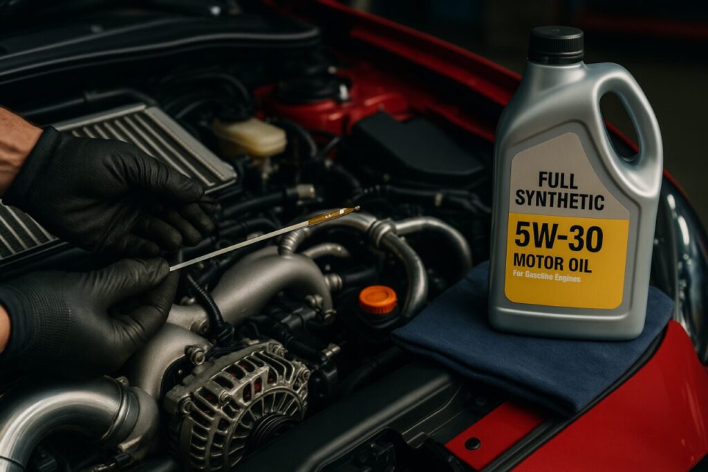 Controllo olio motore EcoBoost Ford Focus ST usata, manutenzione noleggio lungo termine auto sportiva
