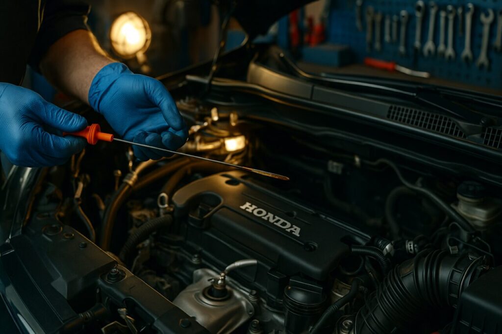 Meccanico controlla il livello dell'olio motore di un Honda CR-V usato, manutenzione NLT