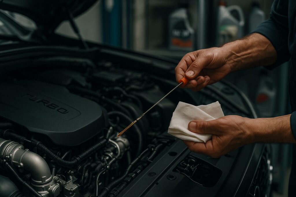 Meccanico italiano controlla l'olio motore di un Maserati Grecale in officina specializzata