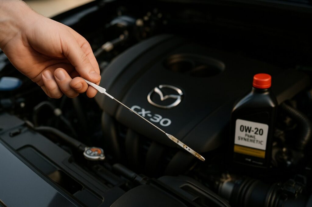 Controllo olio motore Skyactiv-G su Mazda CX-30 usato, manutenzione fluidi