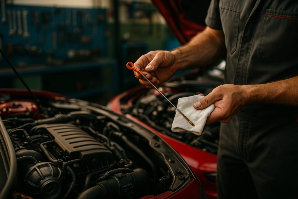 Meccanico controlla il livello dell'olio motore su Abarth 124 Spider con sistema MultiAir turbo
