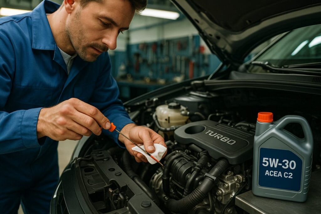 Meccanico controlla il livello dell'olio motore 1.2 PureTech su auto usata in officina italiana