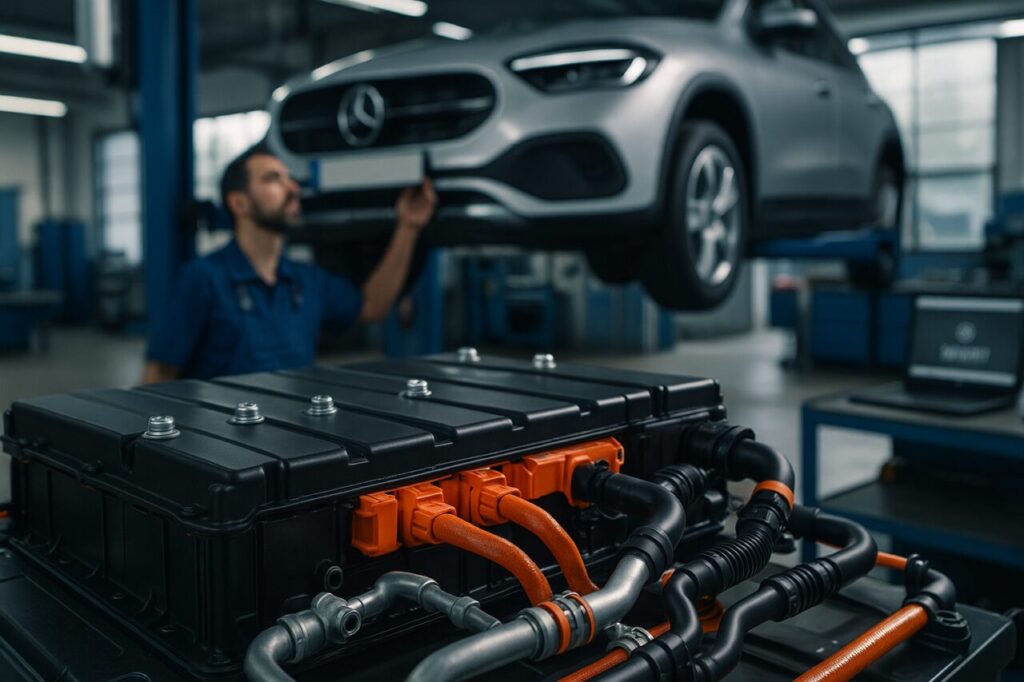 Meccanico specializzato controlla il pacco batteria e il circuito di raffreddamento di una Mercedes EQA usata in officina autorizzata