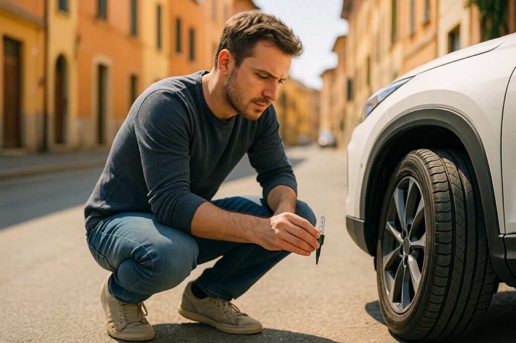 Controllo della profondità del battistrada di un pneumatico su auto usata km0 in noleggio lungo termine
