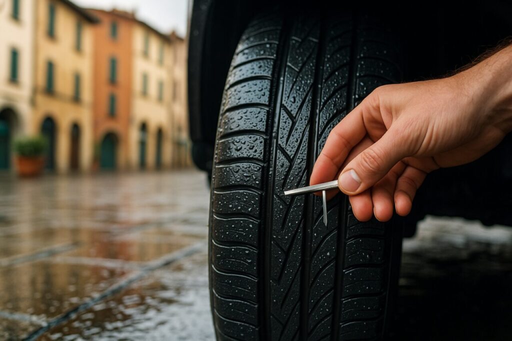 Controllo del battistrada pneumatici auto usata per noleggio lungo termine su strada bagnata