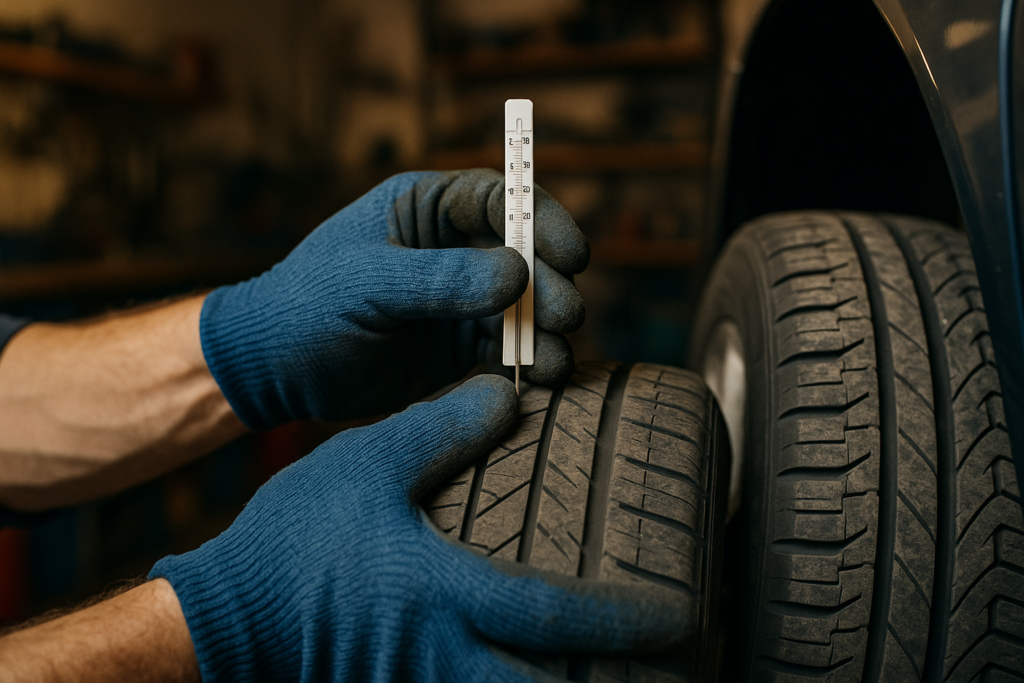 Meccanico controlla il battistrada degli pneumatici invernali su un'auto usata in officina italiana