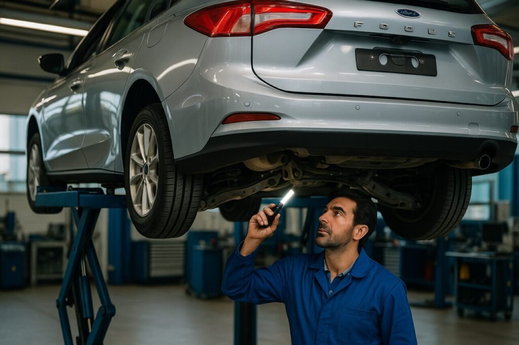 Meccanico italiano controlla la sospensione posteriore multilink di una Ford Focus Sportbreak usata in officina