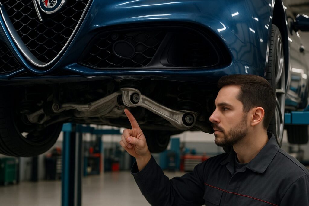 Meccanico che controlla i braccetti anteriori di una Alfa Romeo Giulia usata sollevata sul ponte