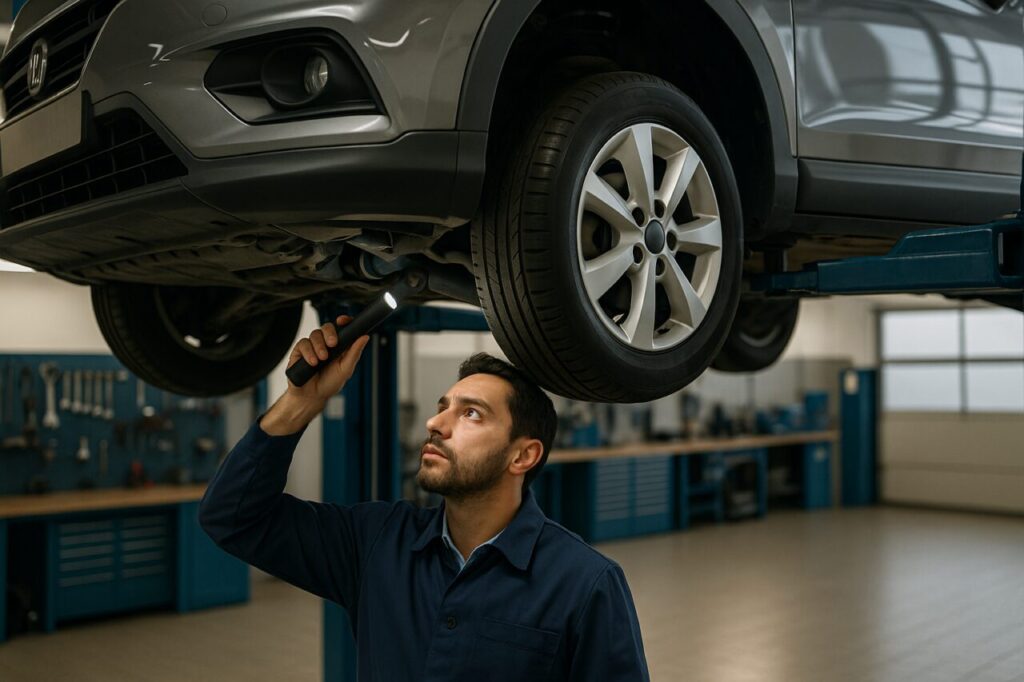 Meccanico italiano controlla i braccetti anteriori e la sospensione di un Hyundai Kona usato in officina