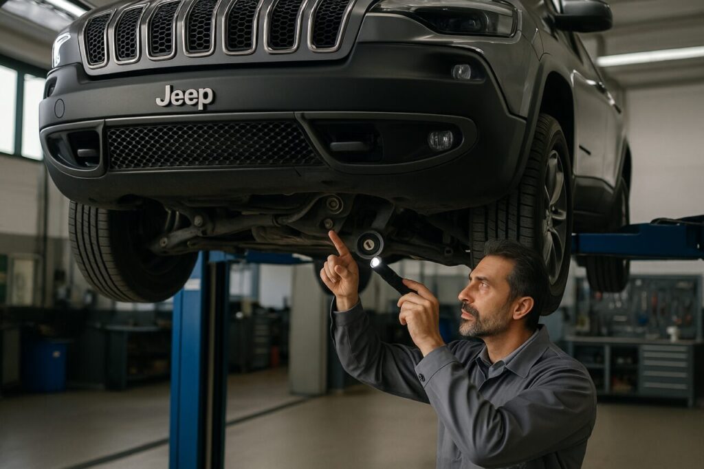 Meccanico italiano controlla le sospensioni anteriori di un Jeep Cherokee KL usato su elevatore in officina