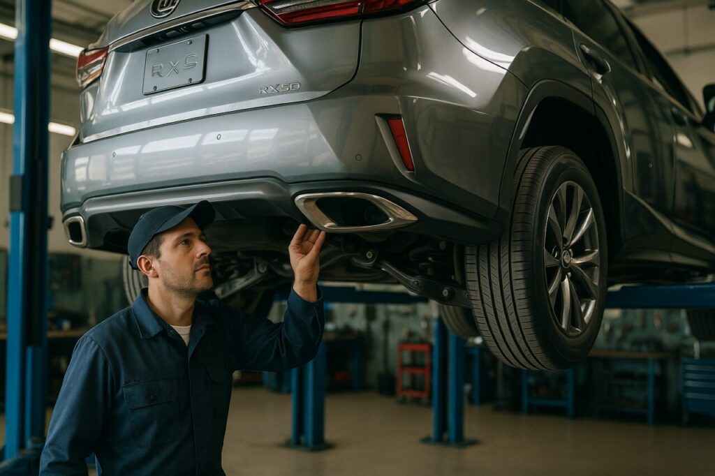 Meccanico specializzato controlla le sospensioni posteriori di un Lexus RX usato in officina