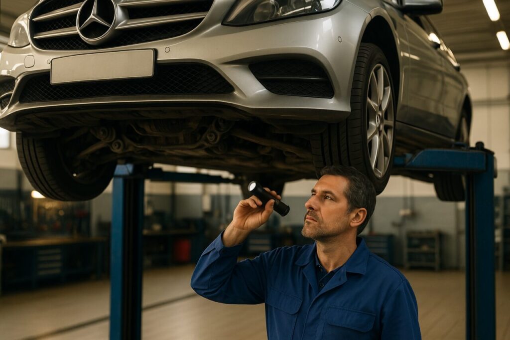 Meccanico italiano controlla le sospensioni multilink di una Mercedes Classe C Estate sul ponte sollevatore