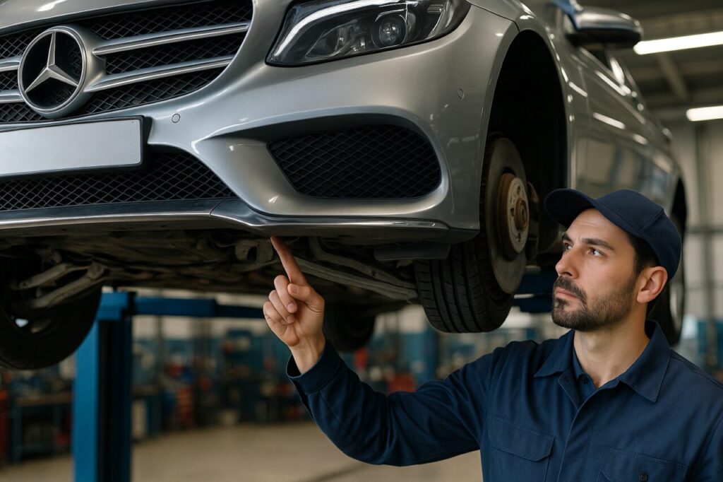 Meccanico controlla le sospensioni di una Mercedes Classe C usata su elevatore