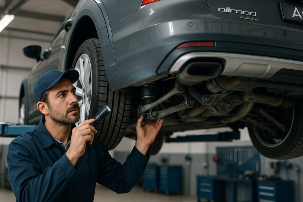 Meccanico italiano controlla le sospensioni pneumatiche di un'Audi A6 Allroad usata in officina