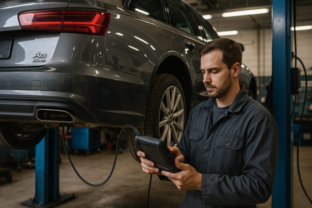 Meccanico controlla le sospensioni e la centralina di un'Audi A6 Avant usata in officina italiana