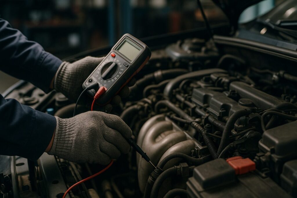 Meccanico esegue controllo tecnico auto usata, manutenzione inclusa noleggio lungo termine
