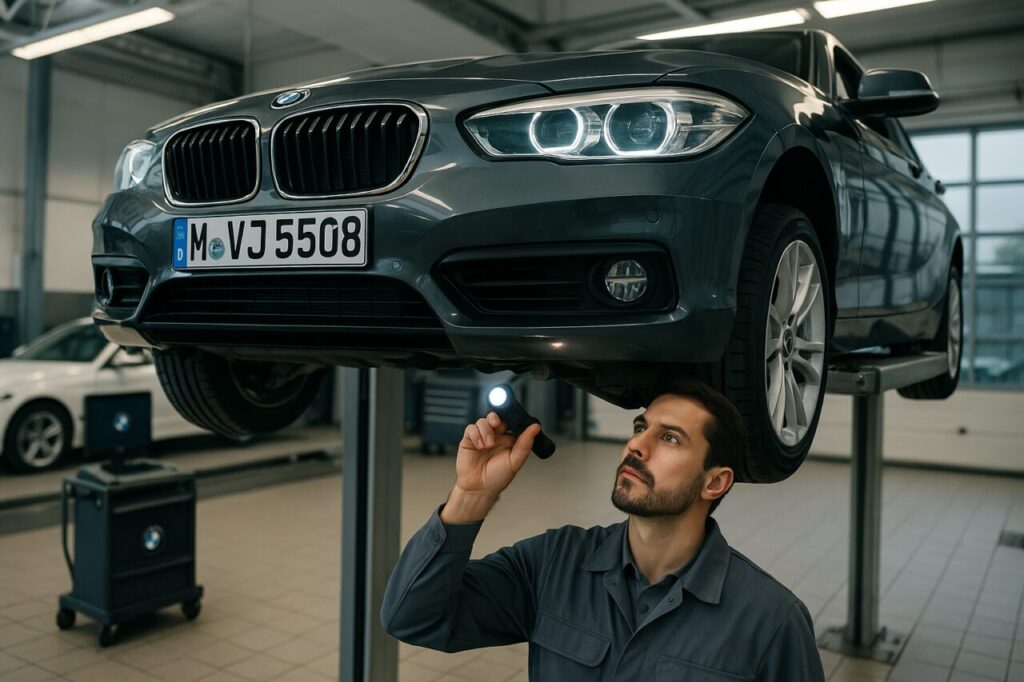 Meccanico controlla sospensioni e volano bimassa BMW Serie 1 usata in officina
