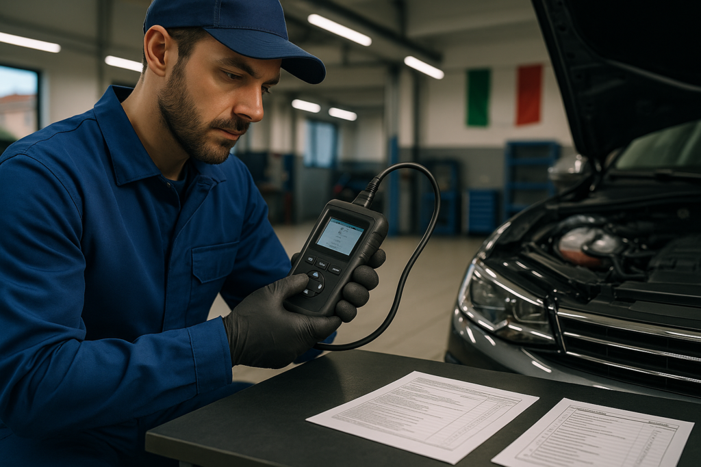 Tecnico automotive che esegue la diagnostica OBD su un'auto usata durante il processo di ricondizionamento professionale