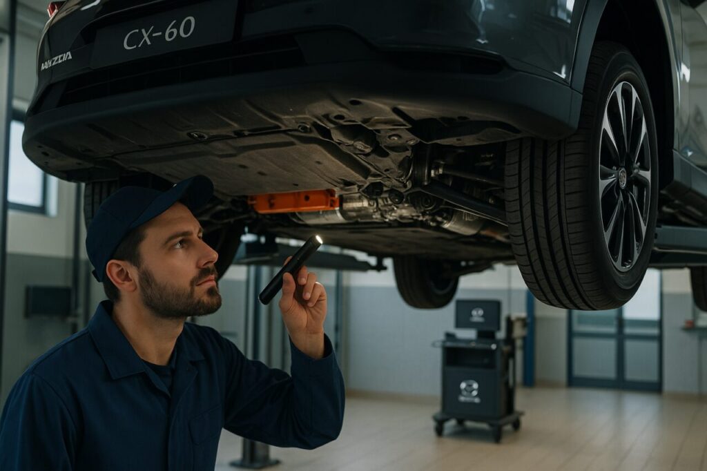 Meccanico specializzato esegue controllo tecnico su Mazda CX-60 PHEV sollevata su ponte in officina autorizzata Mazda