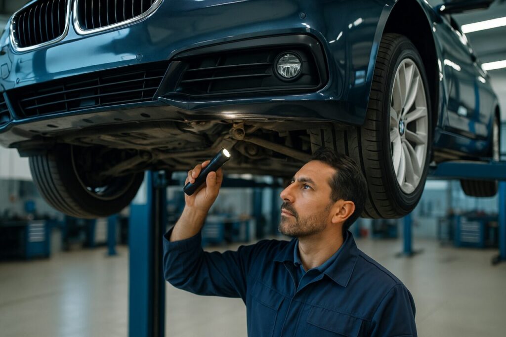Meccanico controlla sospensioni e catena di distribuzione BMW Serie 5 usata in officina italiana