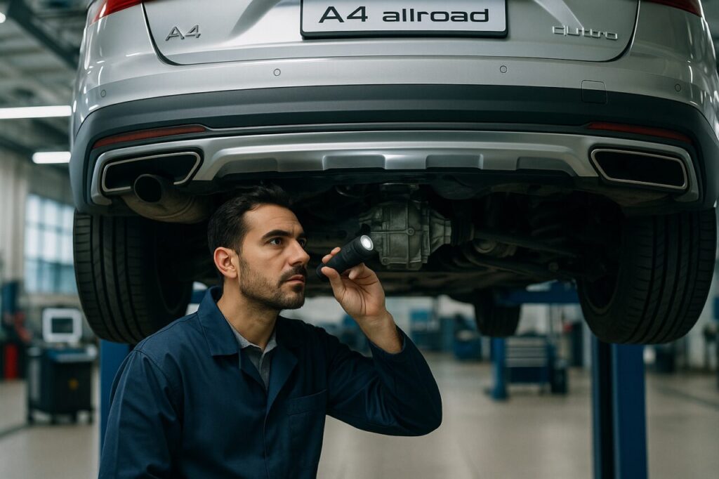 Meccanico specializzato controlla la trasmissione integrale di un'Audi A4 Allroad usata in officina italiana