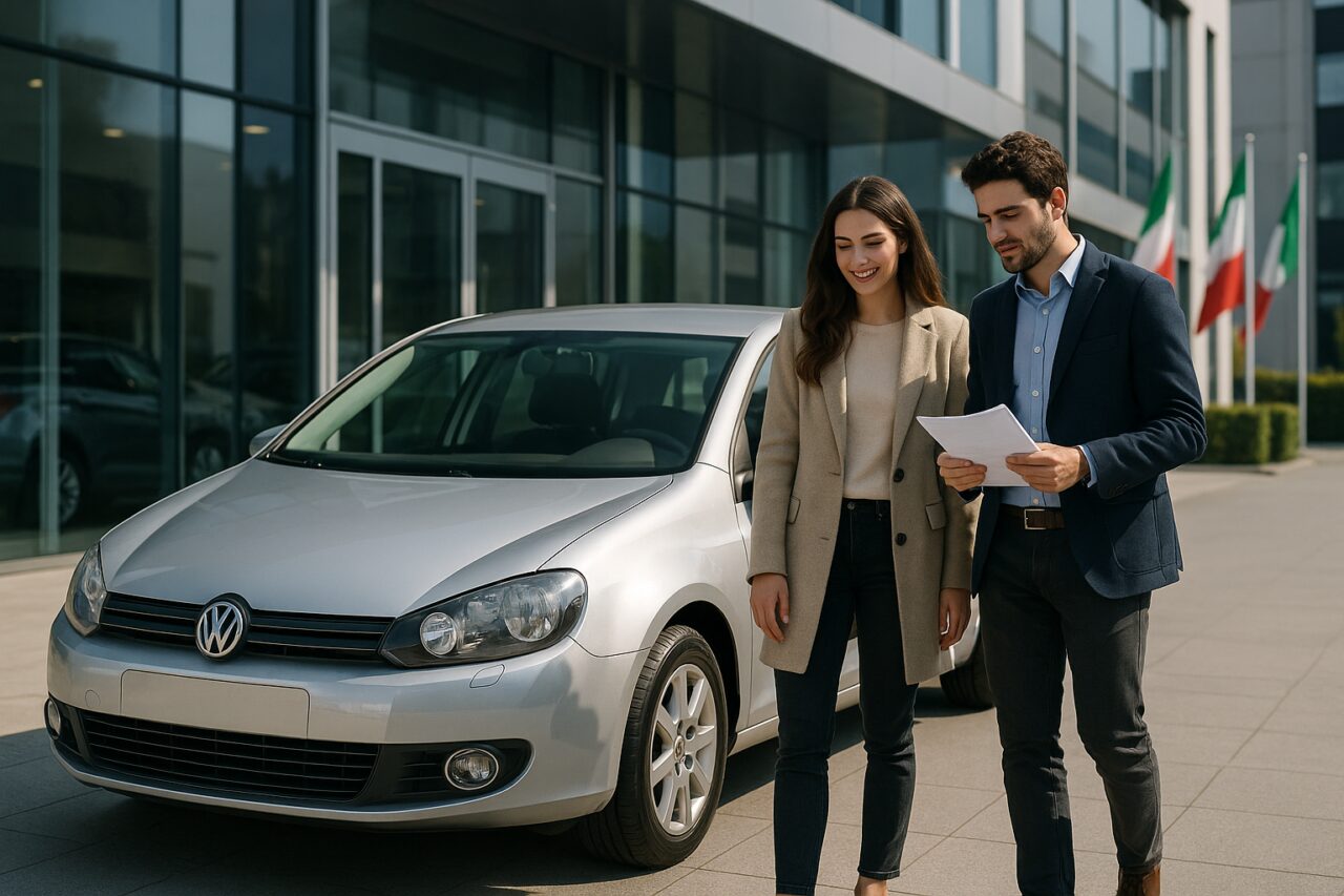 Coppia italiana esamina auto usata in concessionaria, noleggio a lungo termine