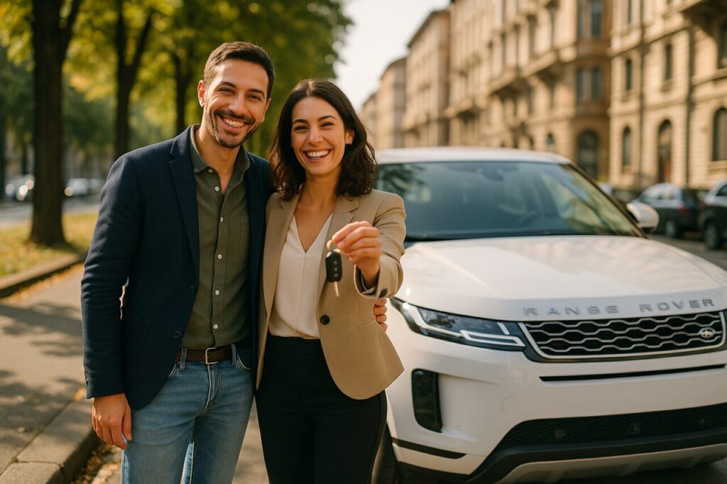 Coppia italiana soddisfatta con Land Rover Evoque km0 in noleggio a lungo termine senza anticipo