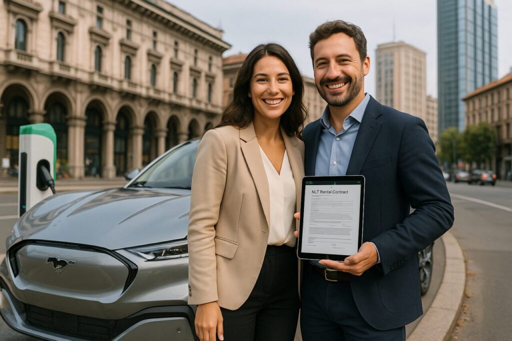 Coppia italiana con Ford Mustang Mach-E in noleggio a lungo termine km0 a Milano