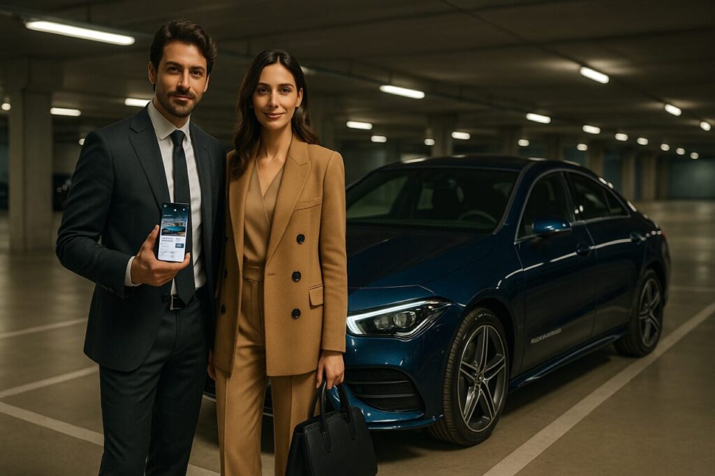 Coppia italiana con Mercedes CLA PHEV in noleggio a lungo termine km0, NLT auto ibrida plug-in Milano