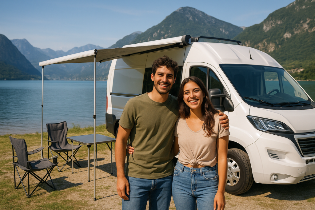 Coppia italiana in viaggio con furgone usato a noleggio a lungo termine allestito come camper
