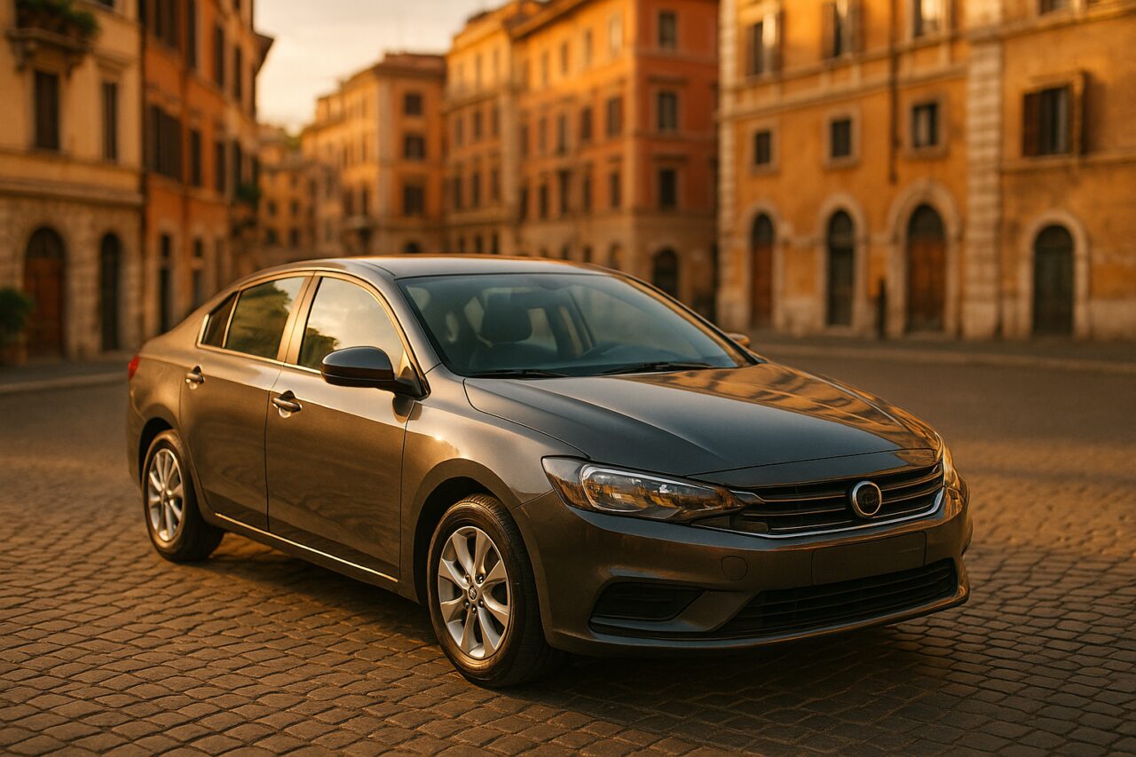 Auto usata in noleggio a lungo termine parcheggiata in una via italiana, confronto costi NLT vs proprietà