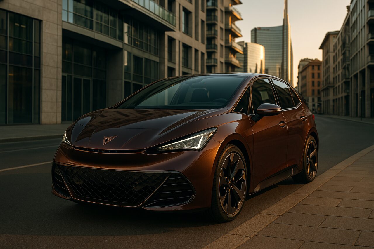 Cupra Born elettrica usata in noleggio a lungo termine su strada urbana a Milano