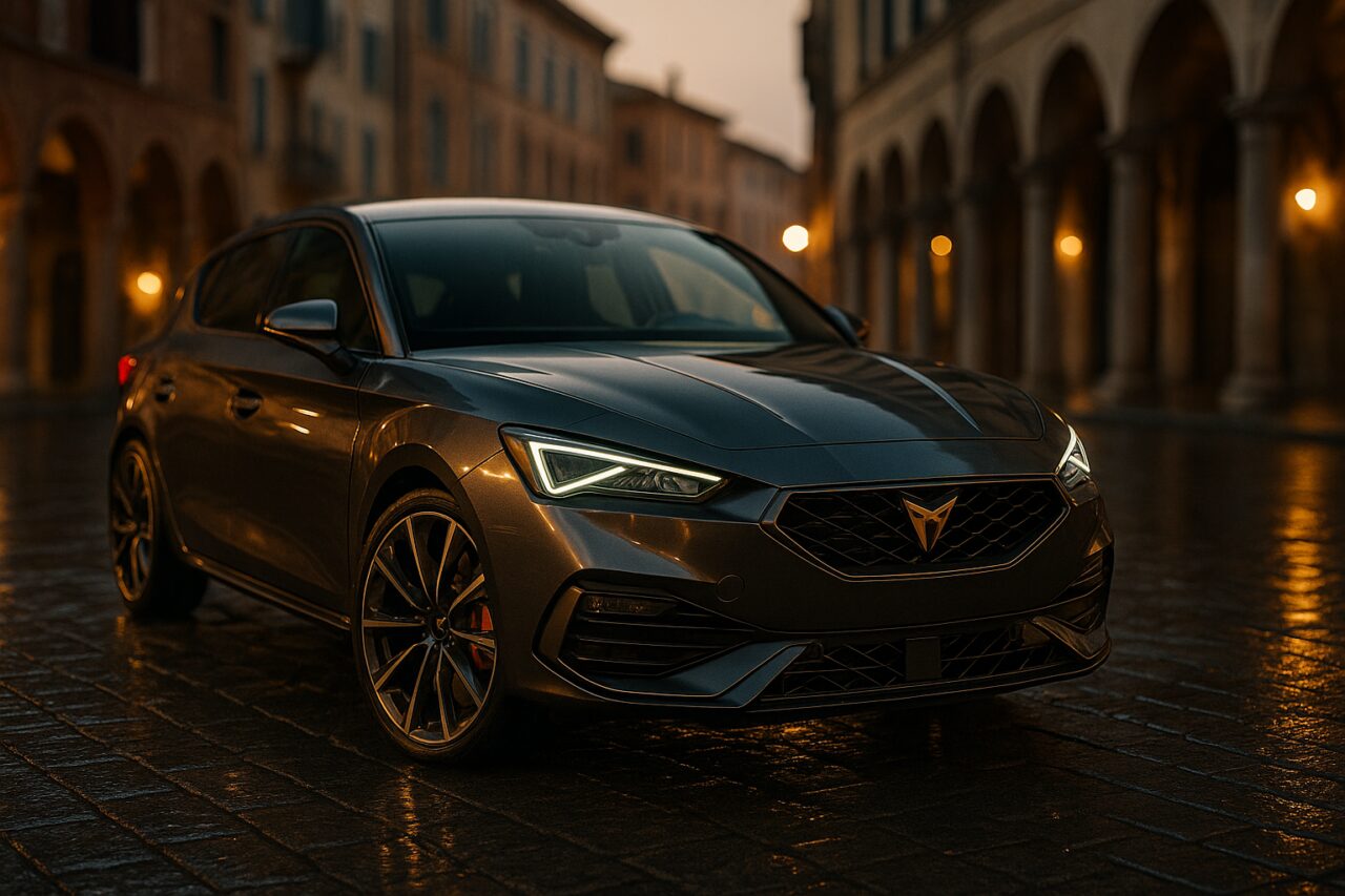 Cupra León usato in noleggio a lungo termine su strada italiana di notte