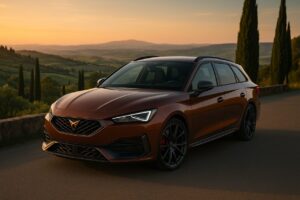Cupra León Sportstourer in noleggio a lungo termine su strada italiana panoramica, auto sportiva station wagon usata km0