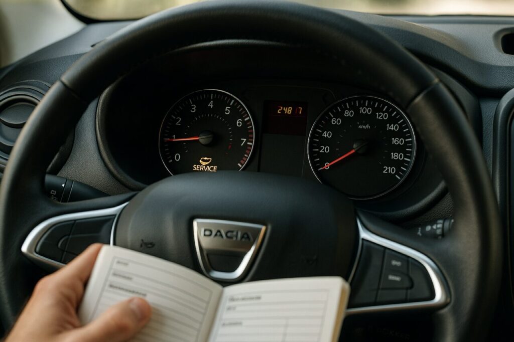 Spia del tagliando accesa sul quadro strumenti di un Dacia Dokker con libretto di manutenzione