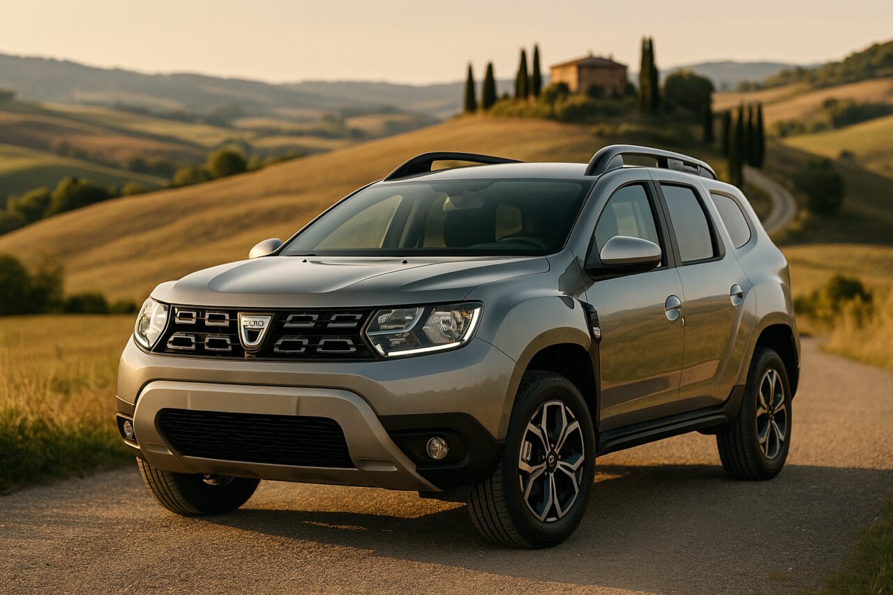 Dacia Duster usata in noleggio a lungo termine su strada italiana di campagna toscana
