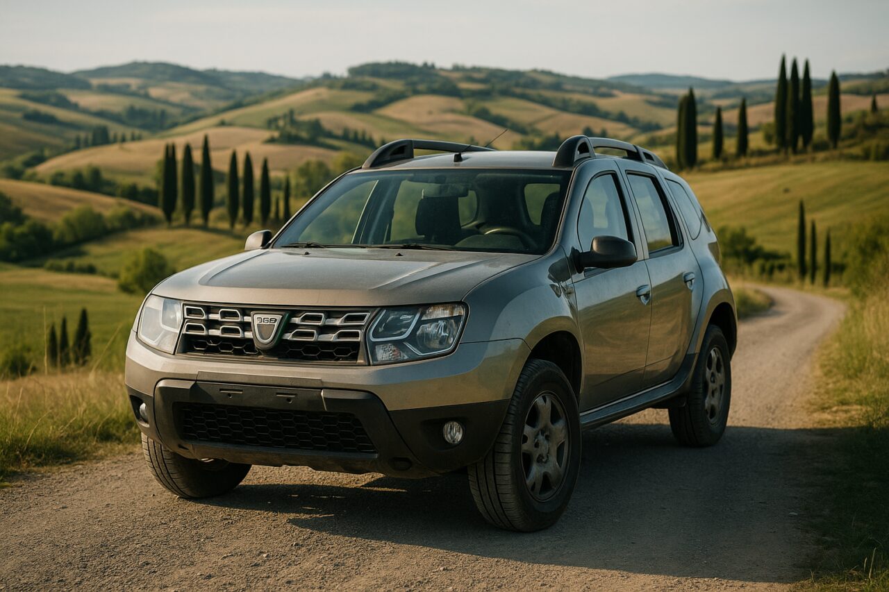 Dacia Duster usato parcheggiato su strada di campagna italiana, guida tecnica noleggio a lungo termine