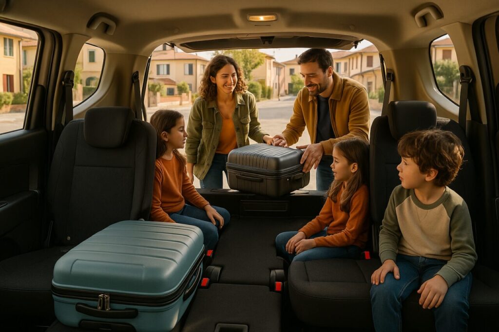 Famiglia italiana carica bagagli nel bagagliaio della Dacia Lodgy 7 posti in noleggio