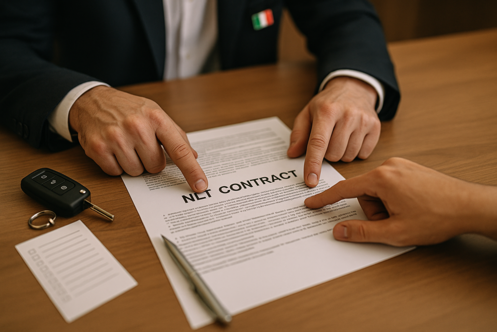 Dettaglio contratto NLT auto usata con clausole di franchigia e coperture assicurative da verificare prima della firma