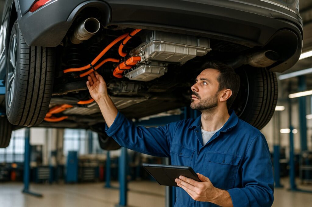 Meccanico specializzato che controlla la batteria ad alto voltaggio di un Jeep Compass 4xe in officina