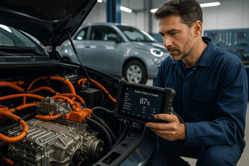 Meccanico specializzato controlla stato di salute batteria auto elettrica con strumento diagnostico OEM in officina italiana