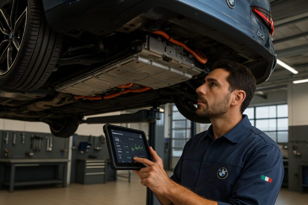 Meccanico specializzato controlla il pacco batterie e i silent block di un BMW iX2 usato su elevatore