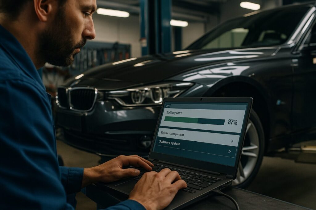 Meccanico esegue diagnosi batteria e aggiornamento software su BMW ibrido plug-in in officina italiana