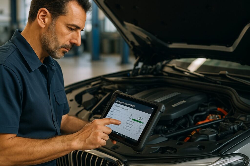 Meccanico specializzato esegue diagnosi batteria su BMW Serie 7 ibrida plug-in con strumento certificato